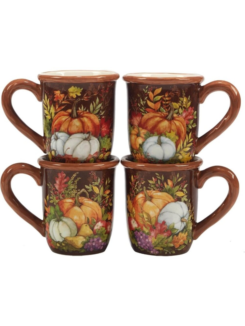 Cozy Autumn Mugs Set of 4 - Festive Ceramic Coffee, Tea & Cocoa Cups with Leaves
